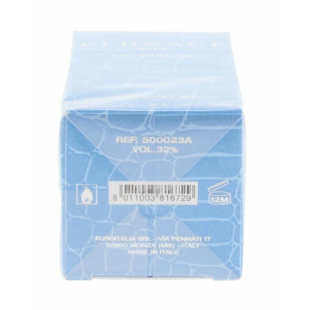 Confezione azzurra con testo e codice a barre. Contiene 'Versace Man Eau Fraiche'. Informazioni come 'REF', 'VOL.32%', codice a barre e luogo di produzione.