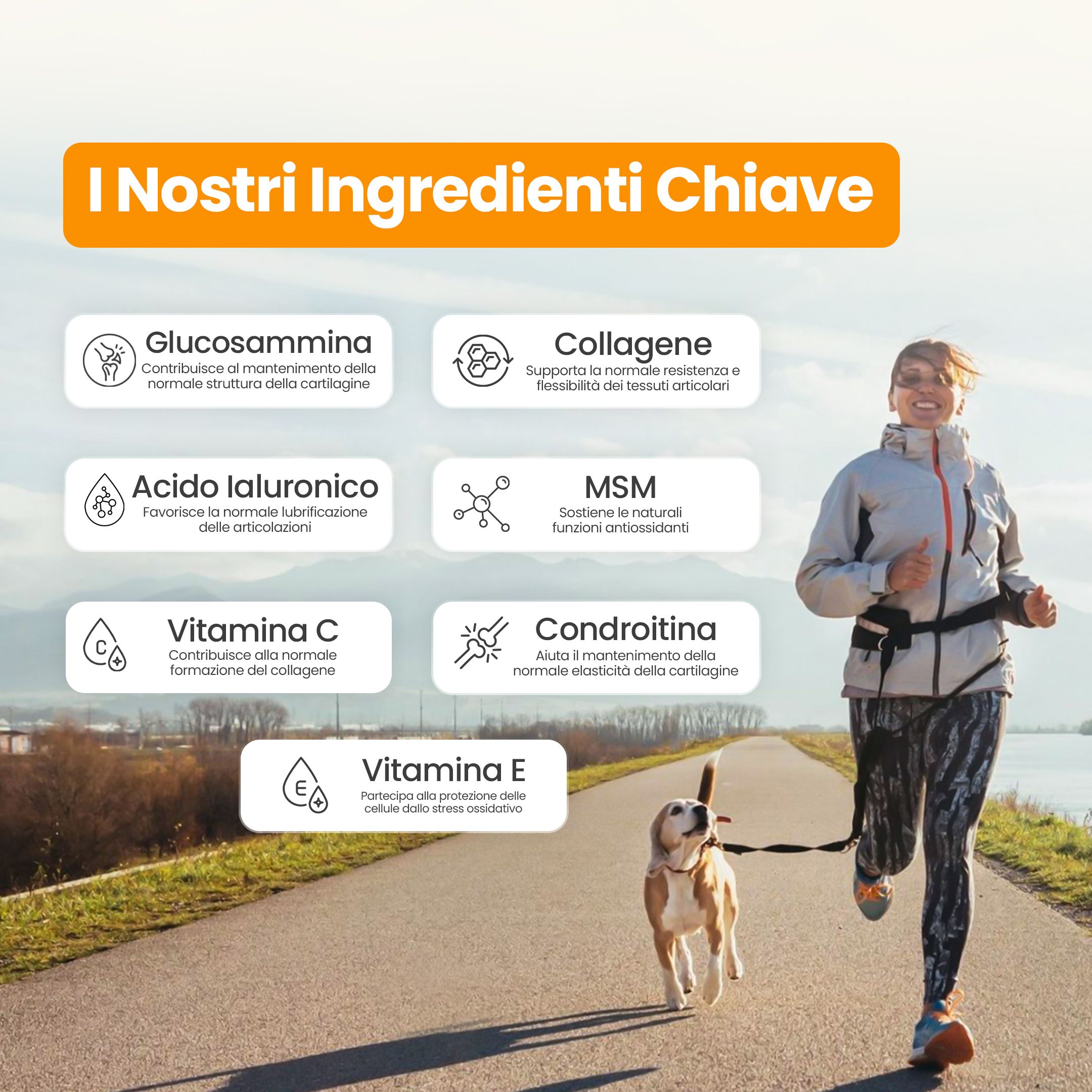Donna che fa jogging con un cane vicino a un lago. Infografica con ingredienti: glucosamina, collagene, acido ialuronico, MSM, vitamina C, condroitina, vitamina E.