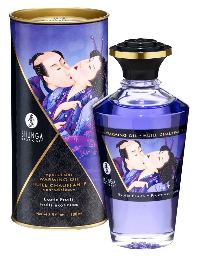 Flacone e lattina di olio da massaggio Shunga con stile artistico giapponese e frutta.