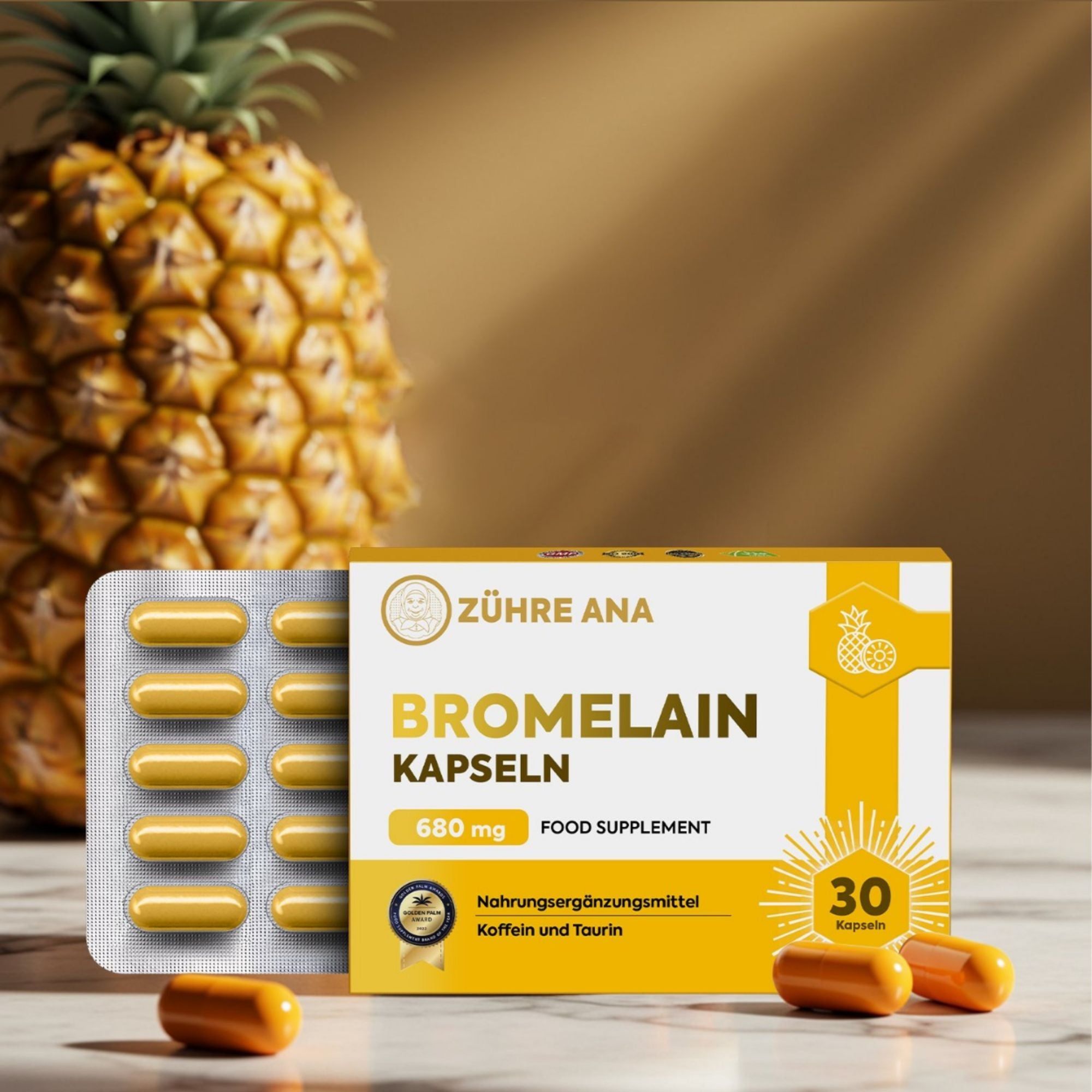 Capsule Zühre Ana Bromelina in blister accanto a una confezione e un ananas.
