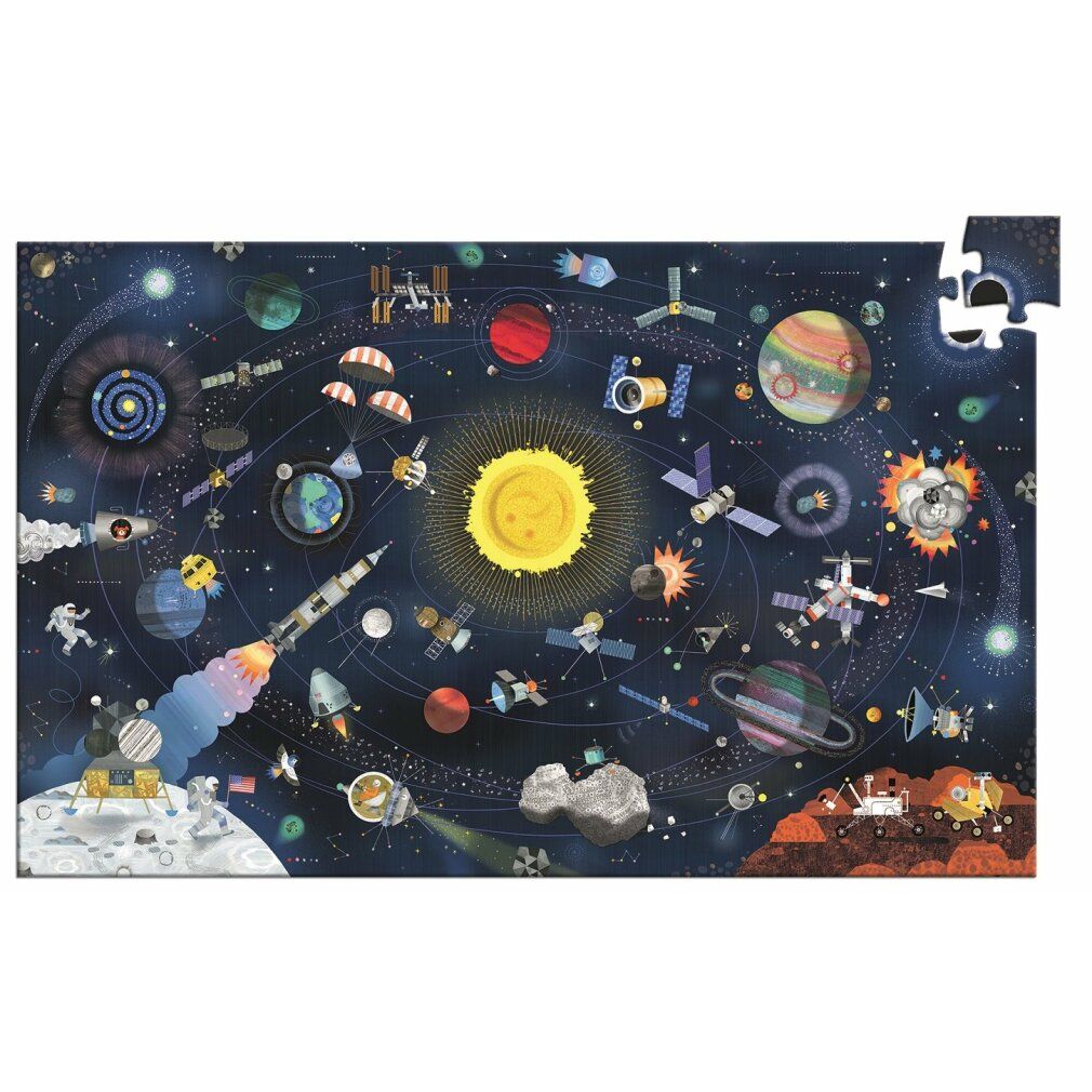 Puzzle con motivo dell'universo. Rappresentazione di pianeti, astronavi e del sole. Manca un pezzo.