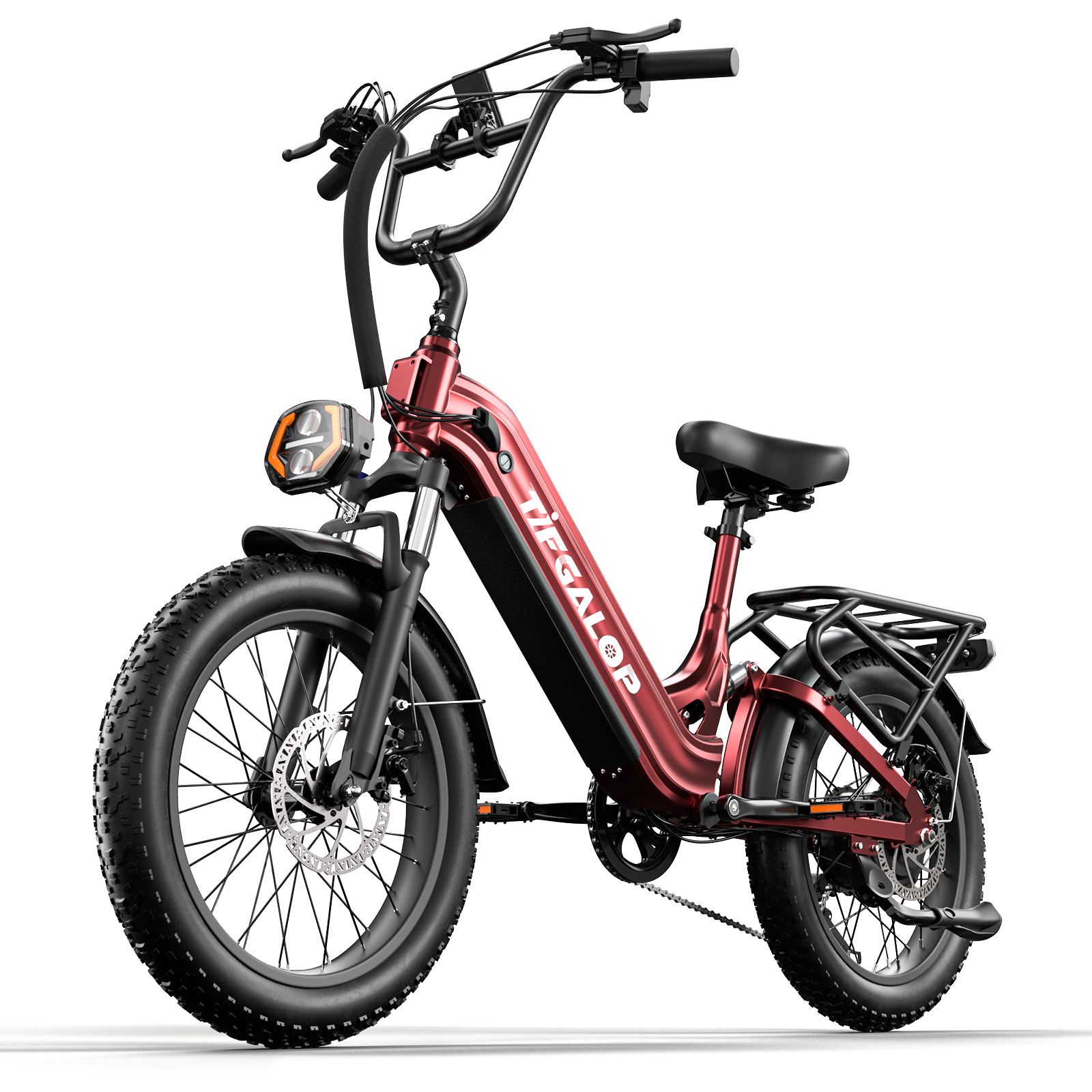 E-bike rossa con elementi neri. Pneumatici larghi, portapacchi, faro e manubrio. Marchio TIFGALOP.