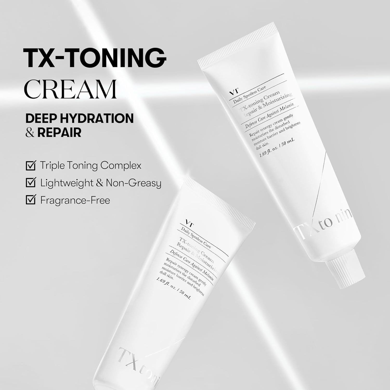 Due tubi bianchi di crema TX-Toning. Nome del prodotto, marchio e informazioni stampate. Testo: Deep Hydration & Repair, Triple Toning Complex.