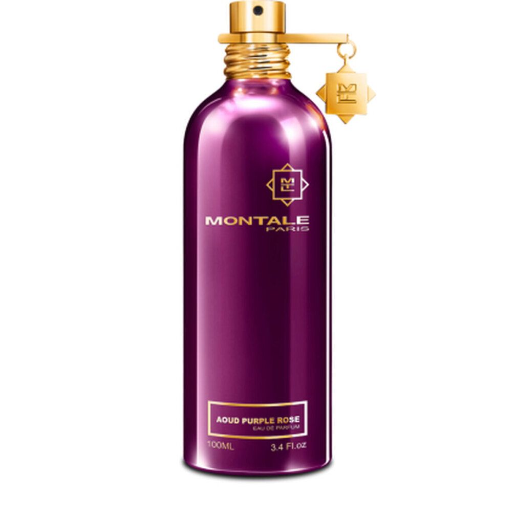 Flacone viola con tappo e ciondolo dorati. Scritta: MONTALE PARIS, AOUD PURPLE ROSE, Eau de Parfum.