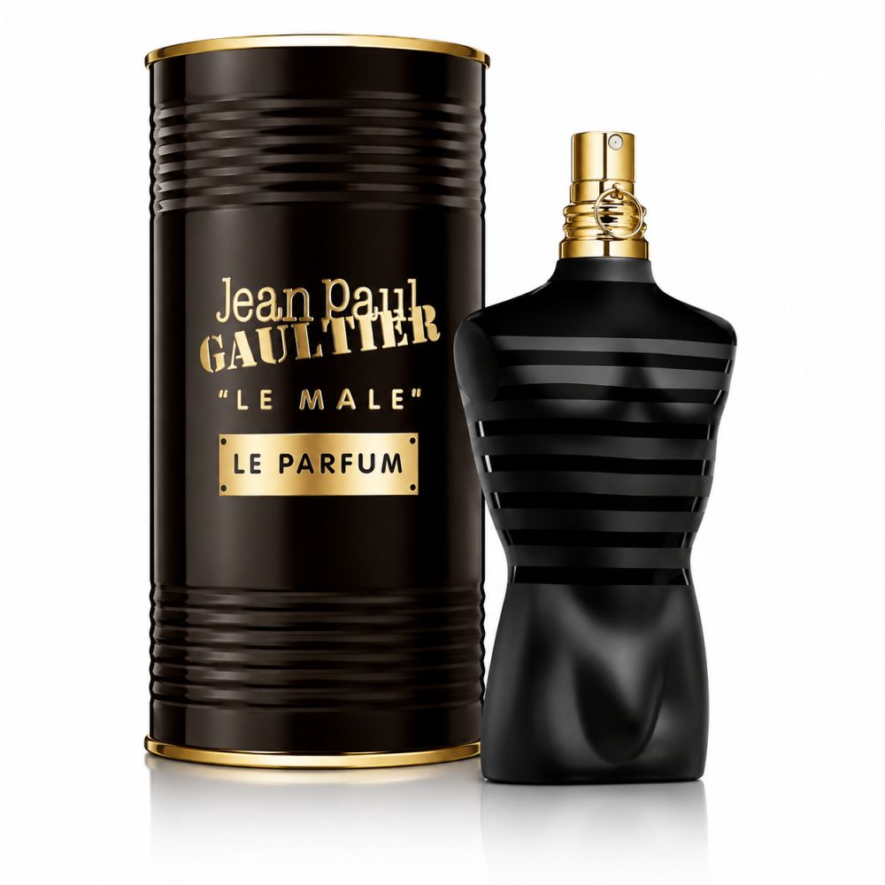 Flacone e scatola Jean Paul Gaultier Le Male Le Parfum. Flacone torso nero a righe, scatola nera con scritte dorate.