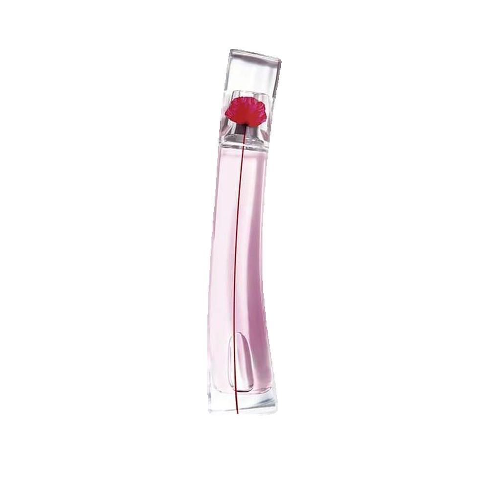 Flacone di profumo con fiore rosso. Flacone in vetro con liquido rosa. Fiore rosso sul tappo. Forma slanciata e curva.