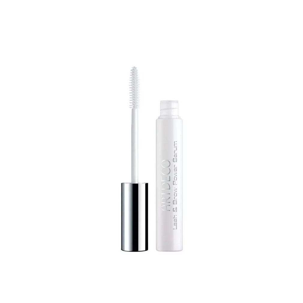 Artdeco Lash & Brow Power Serum: Applicatore bianco con spazzolino e manico argentato, accanto a un tubetto bianco con scritta argentata.