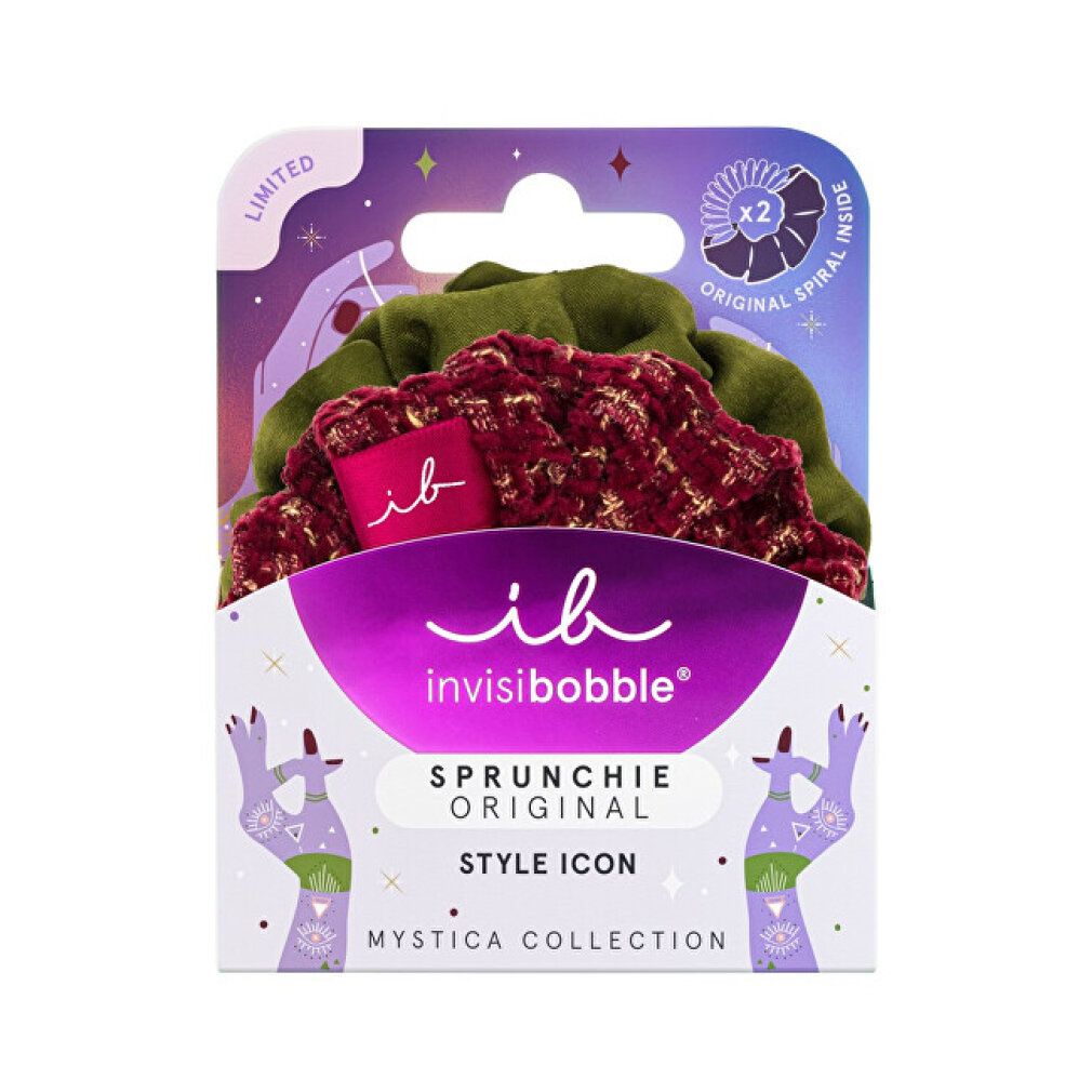 Confezione con due elastici per capelli. Tessuto rosso e verde. Marchio: Invisibobble. Scritta: Sprunchie Original.