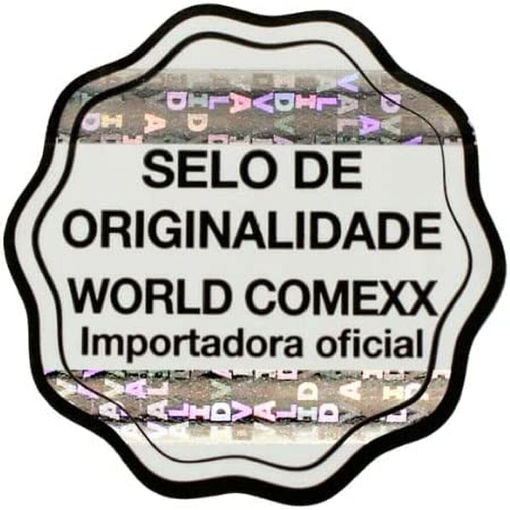Sigillo rotondo con testo: SELO DE ORIGINALIDADE, WORLD COMEXX, Importadora oficial. Sfondo multicolore.