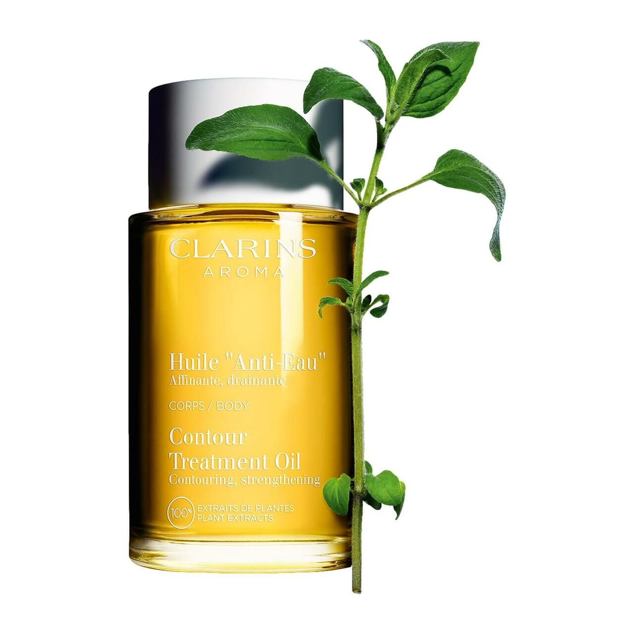 Flacone Clarins Aroma Huile "Anti-Eau" con foglie verdi. Testo: Contour Treatment Oil.