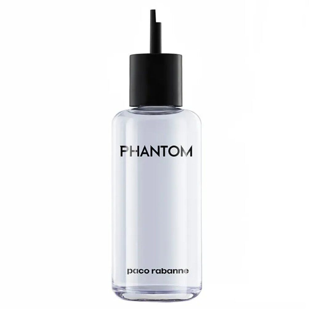 Flacone trasparente con tappo nero. Scritta "PHANTOM" e "paco rabanne".