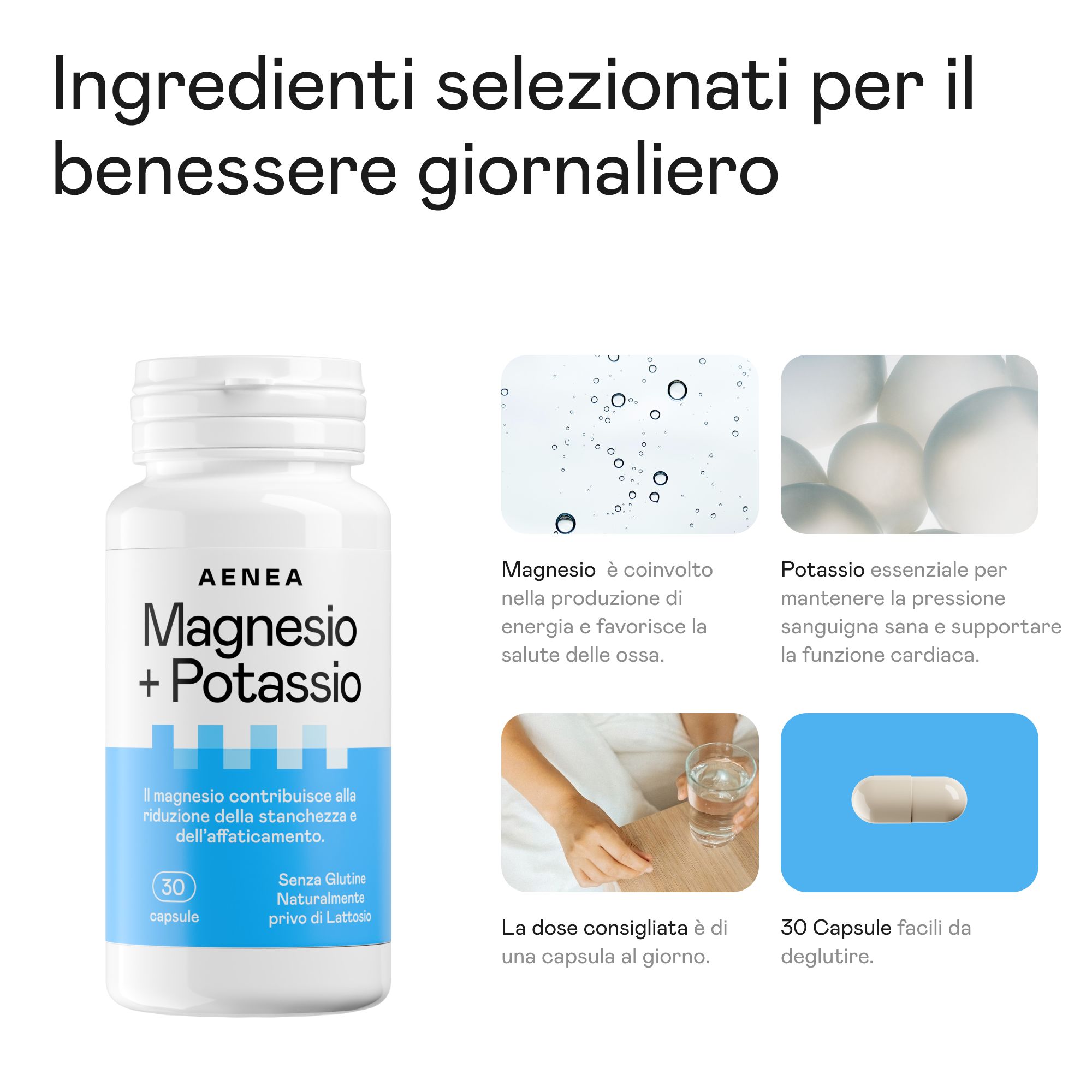 Flacone bianco con capsule. Scritta: Aenea, Magnesio+Potassio. Immagini di ingredienti: magnesio, potassio, capsula.