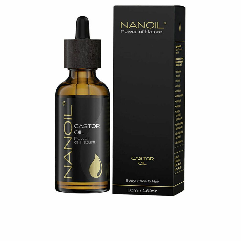 Flacone in vetro ambrato con tappo in legno e confezione nera. Scritta: Nanoil Castor Oil. Simbolo goccia. Scatola nera con informazioni.