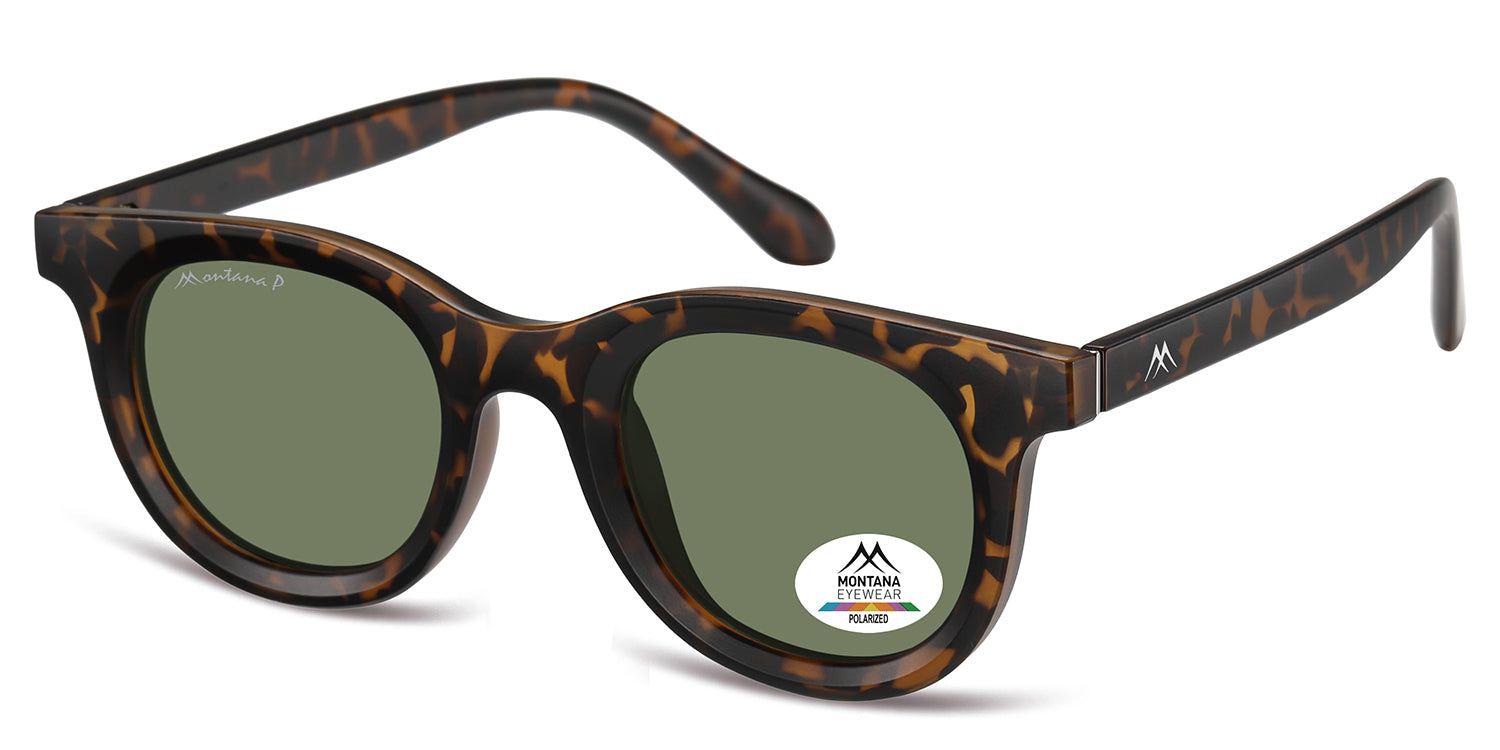 Occhiali da sole con montatura marrone e lenti verdi. Un adesivo con logo e scritta "Montana Eyewear Polarized" è applicato su una lente.