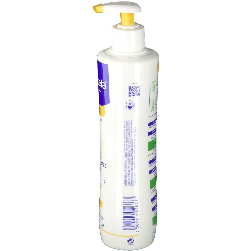 Flacone bianco con dosatore giallo. Etichette blu e gialle con testo. Codice QR e codice a barre visibili.