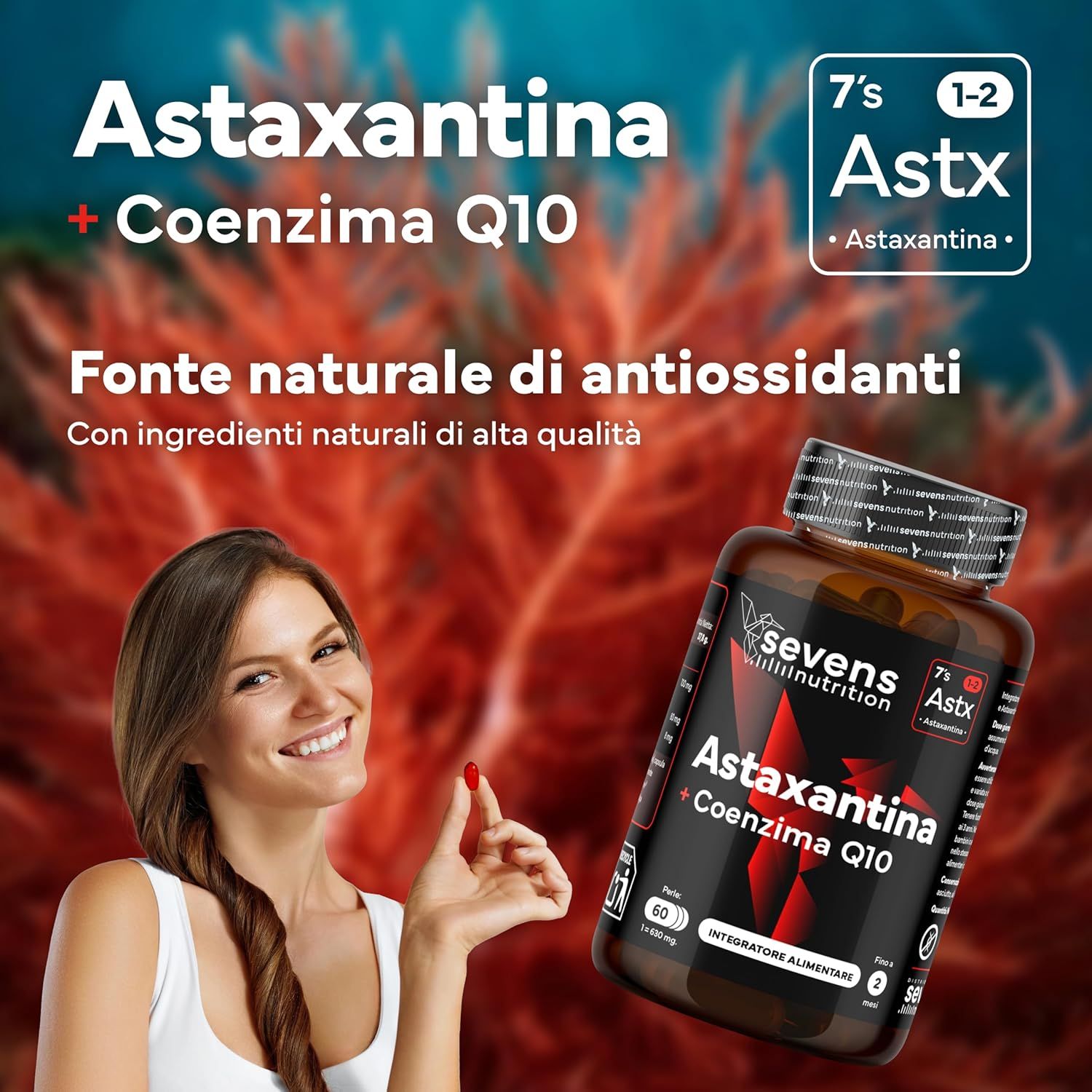 Donna tiene in mano una capsula di astaxantina, accanto una bottiglia di astaxantina + coenzima Q10.