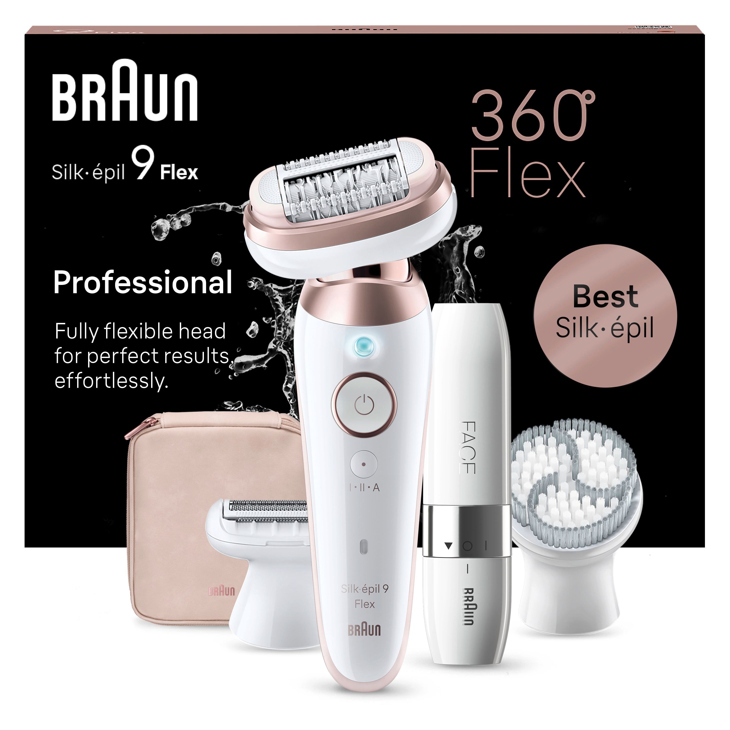 Epilatore Braun Silk-épil 9 Flex. Bianco/Rosa Titanio. Accessori: testine, spazzola, custodia. Immagine del prodotto su sfondo nero.