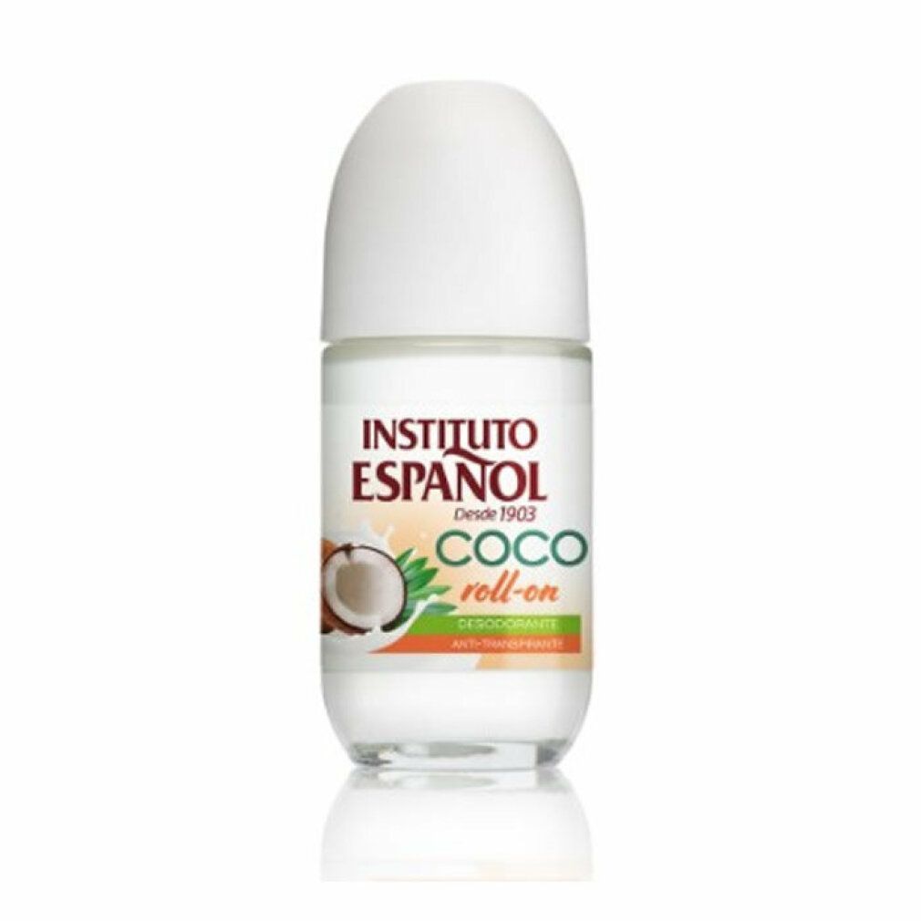 Deodorante roll-on Instituto Español Coco. Tappo bianco, flacone trasparente. Scritta: Coco roll-on, cocco.