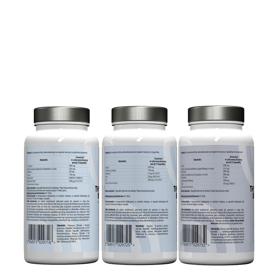 Tre flaconi di Thyro Best con informazioni sul prodotto sulle etichette. Le etichette contengono ingredienti e informazioni nutrizionali.