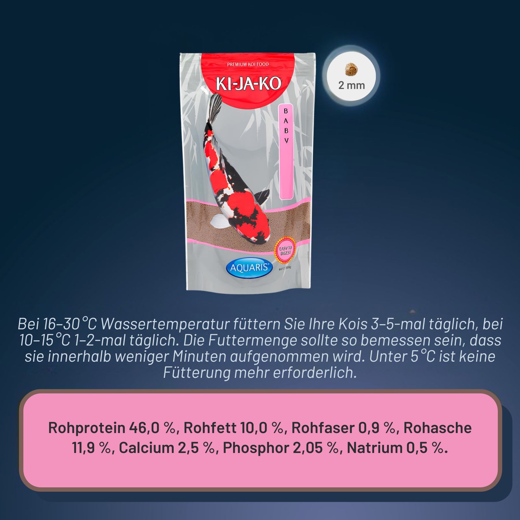 Confezione di KI-JA-KO Koifischfutter Baby. Testo con informazioni nutrizionali. Sfondo blu.