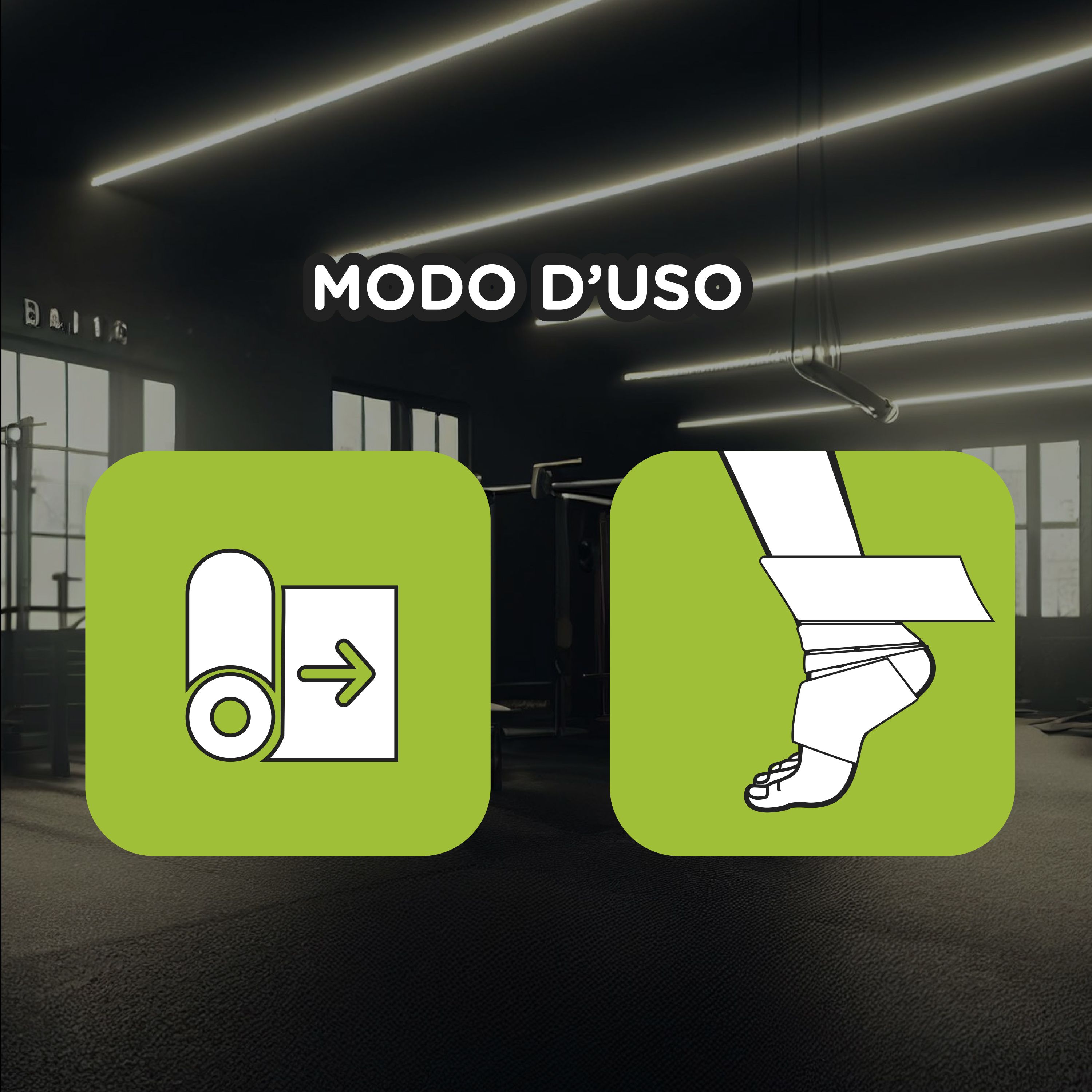 Due quadrati verdi con pittogrammi. Sinistra: rotolo di benda. Destra: gamba con benda.