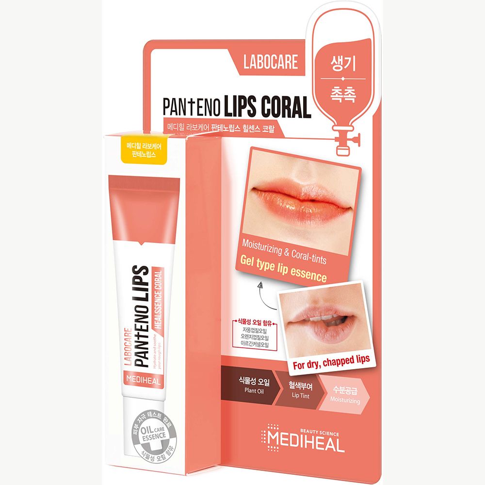 Confezione con MEDIHEAL Labocare Pantenolips Healssence Coral. Immagine del prodotto ed esempi di labbra. Testo multilingue.