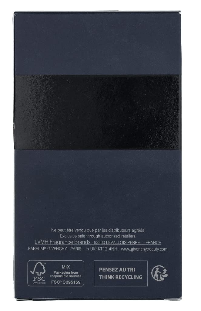 Retro di una scatola blu scuro con testo e loghi. Contiene informazioni sul produttore e istruzioni per il riciclaggio.