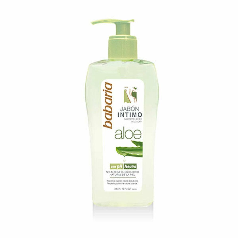 Sapone intimo Babaria all'aloe vera. Flacone con dosatore. Scritta: JABÓN ÍNTIMO, aloe, con pH Neutro.