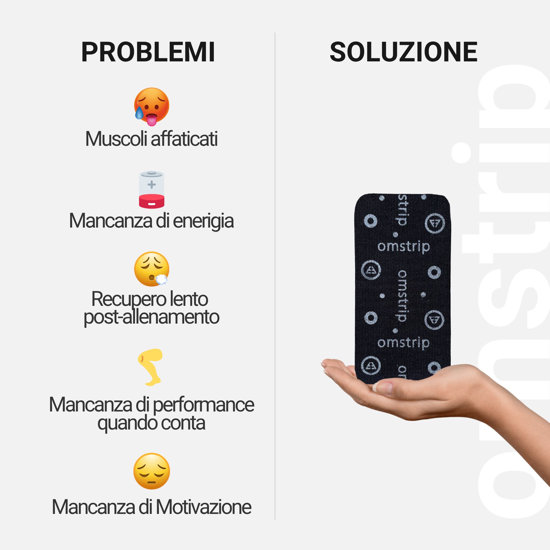 Mano che tiene una striscia nera con testo e logo bianchi. Problemi e soluzioni. Illustrazioni.