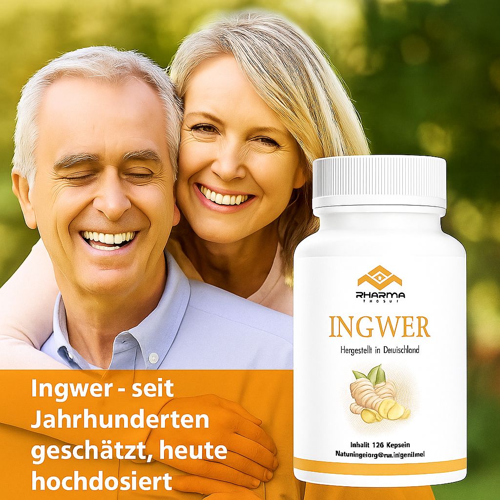 Coppia anziana sorridente. Accanto, un flacone con la scritta INGWER. Logo: Pharma Health. Testo: Zenzero - apprezzato da secoli.