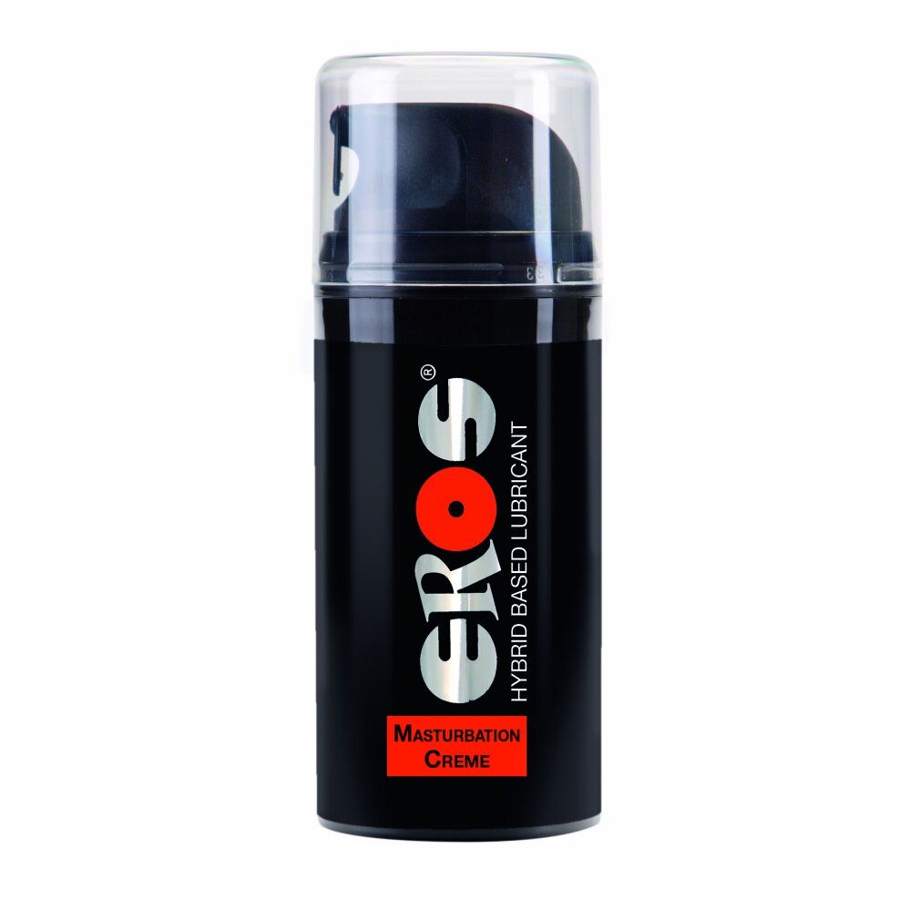 Flacone nero con dosatore a pompa. Scritta: EROS, Hybrid Based Lubricant, Masturbation Creme.