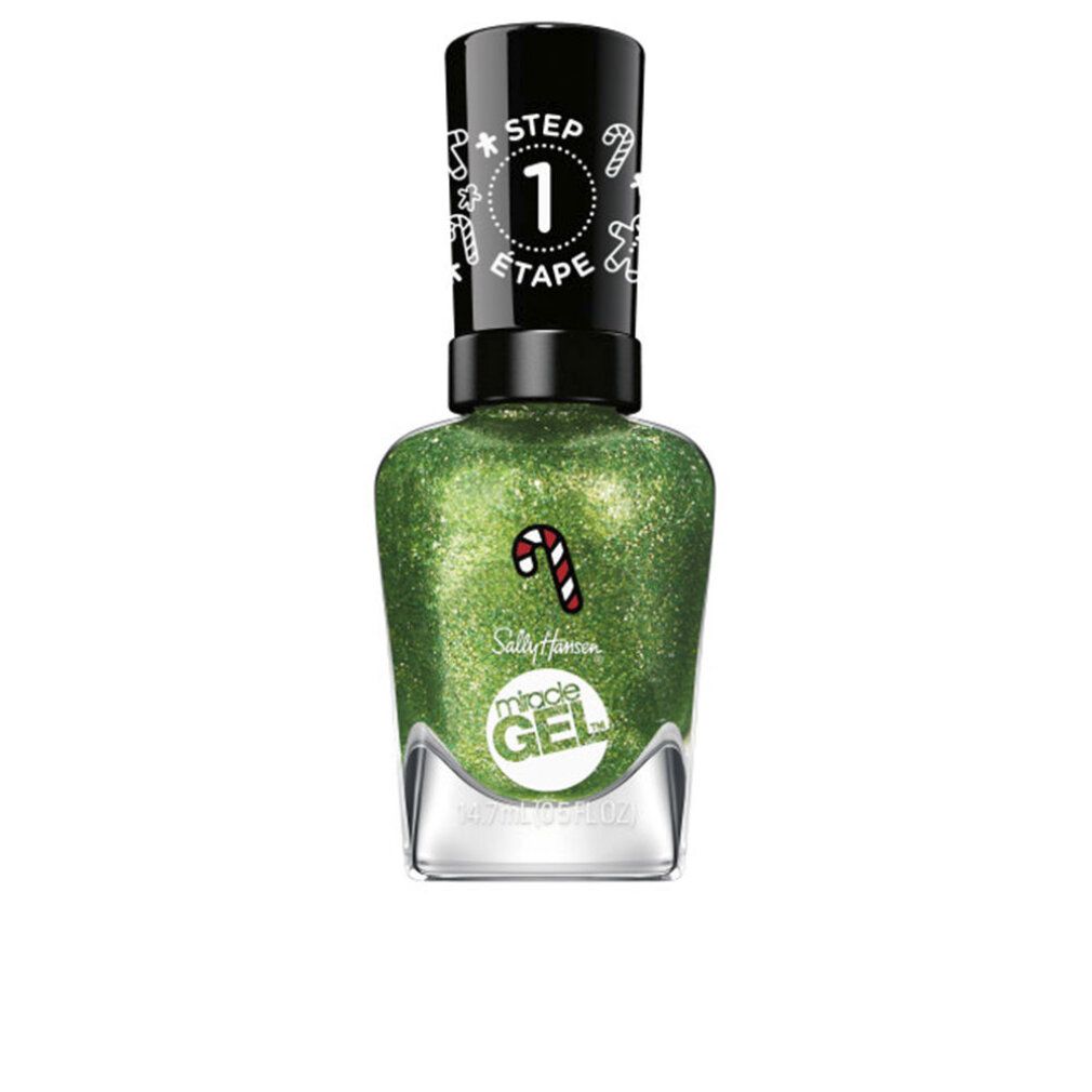 Smalto verde glitterato. Tappo nero con scritta bianca. Scritta: Miracle Gel, Step 1, Etape.