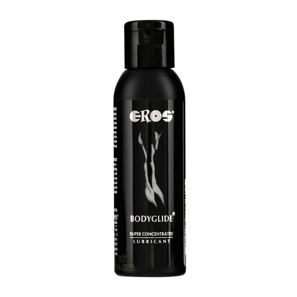 Flacone nero con tappo nero. Scritta EROS, BODYGLIDE, SUPER CONCENTRATED LUBRICANT. Silhouette femminile.