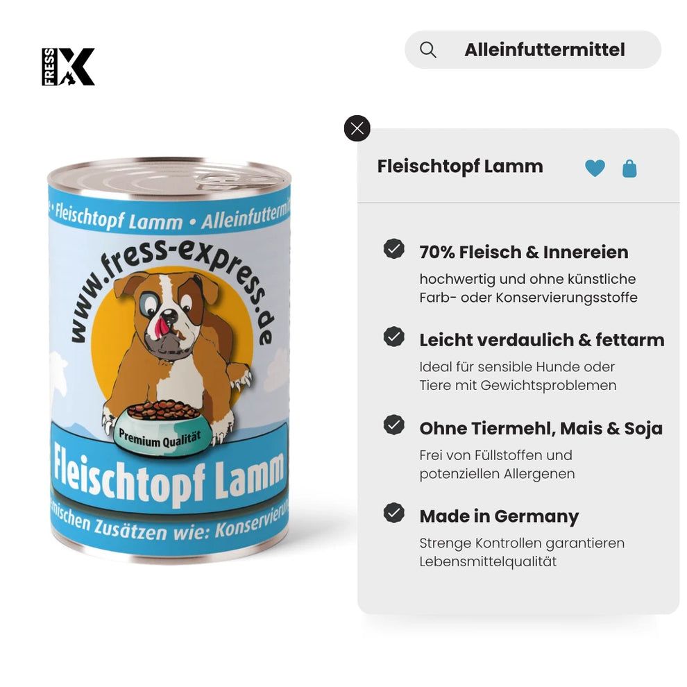 Lattina di cibo per cani con etichetta. Testo: Fleischtopf Lamm, www.fress-express.de, 70% carne e interiora, Facile da digerire e a basso contenuto di grassi, Senza animali, mais e soia, Made in Germany.
