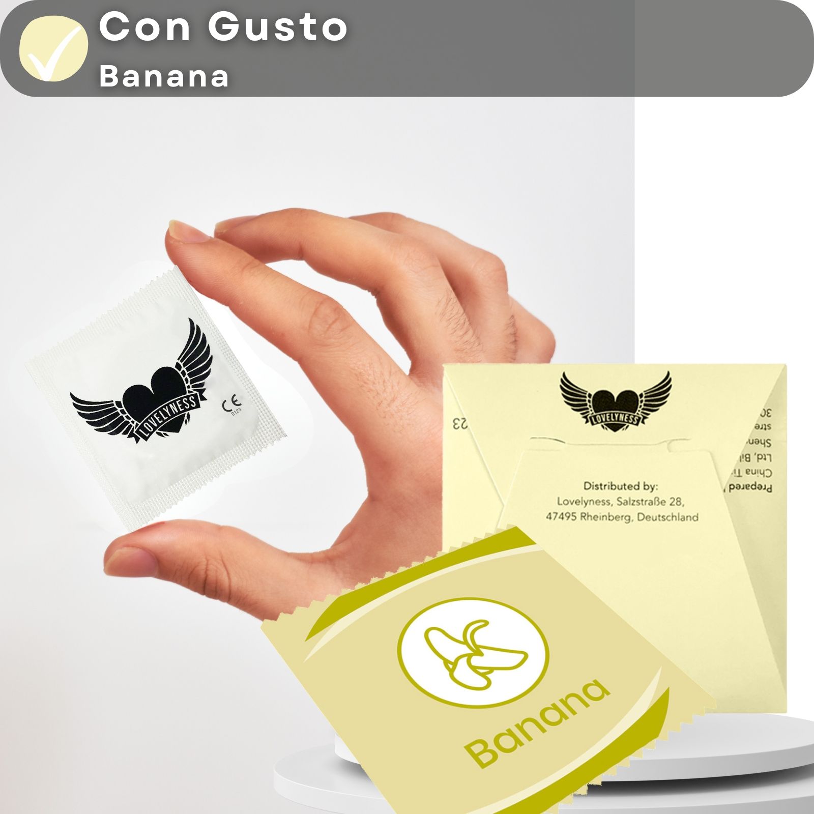 Confezione di preservativi, gusto banana, confezionati singolarmente, logo.