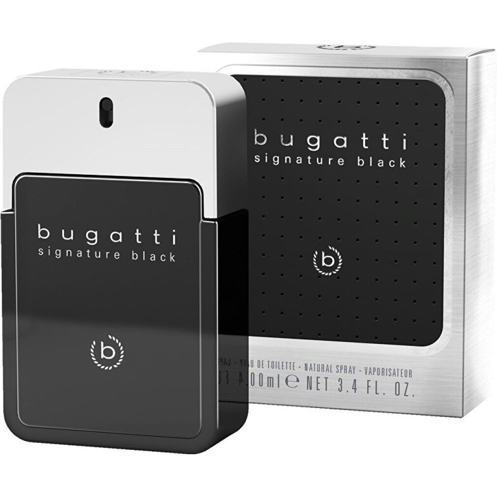 Flacone nero e confezione. Scritta: Bugatti Signature Black. Tappo argentato. Flacone rettangolare nero.