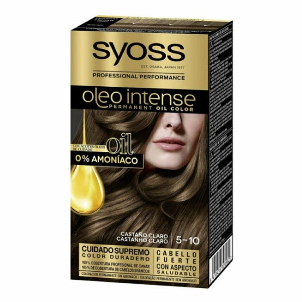Syoss Oleo Intense, colorazione permanente 5-10 Castano chiaro. Confezione con immagine prodotto e modella. 0% ammoniaca.