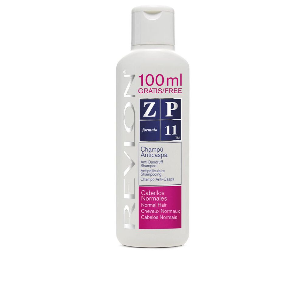 Flacone di shampoo bianco con etichette blu e rosa. Testo: Revlon, ZP11, Champú Anticaspa, Cabellos Normales. 100ml Gratis/Free.