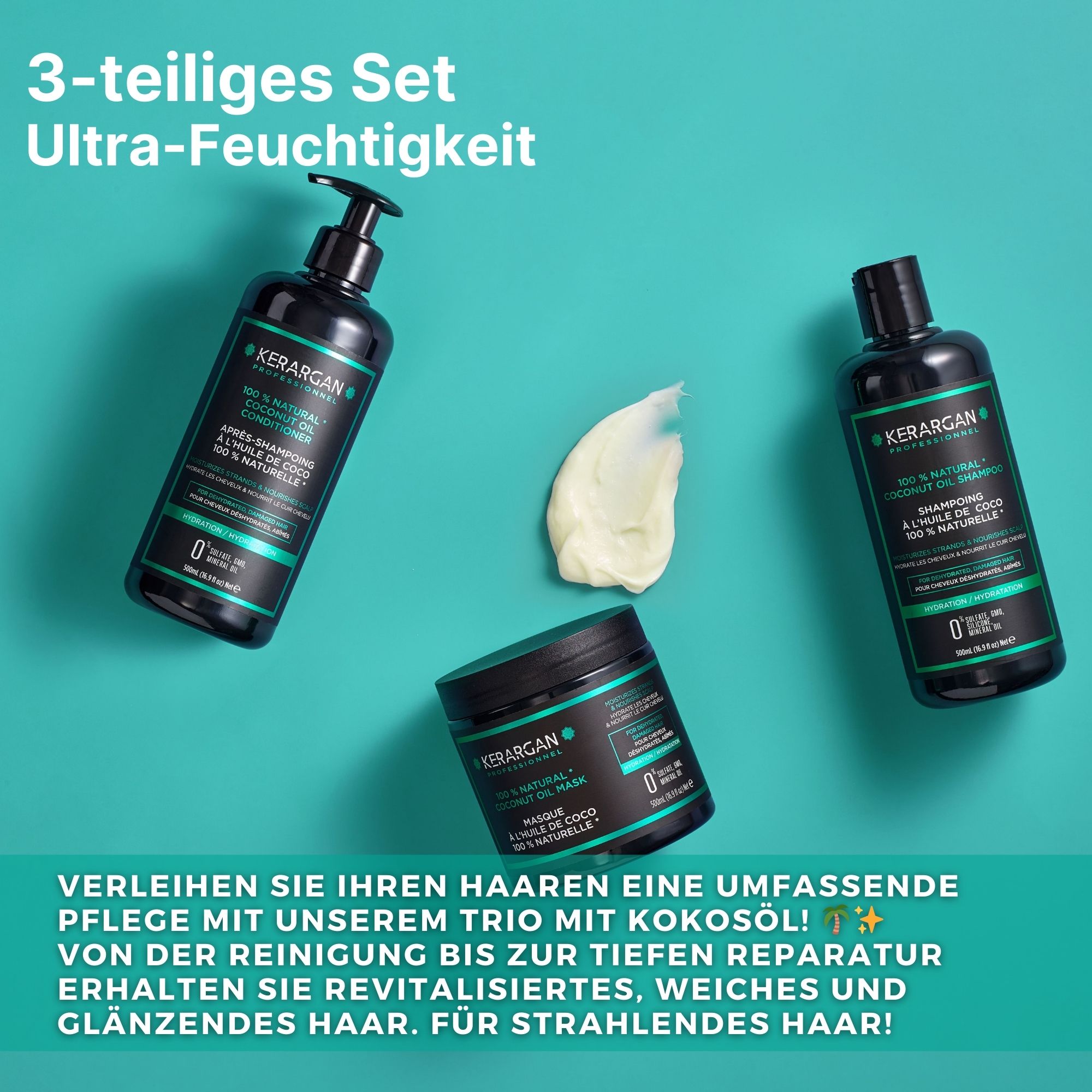 Kerargan - Trio Shampoo, Balsamo & Maschera Olio di Cocco - Capelli Disidratati - Senza solfati, OGM