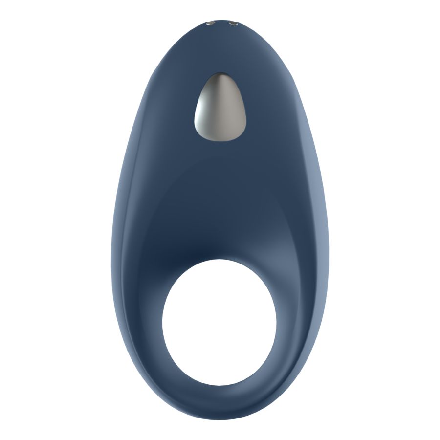 Anello blu, forma ovale, apertura centrale. Pulsante argentato in alto.