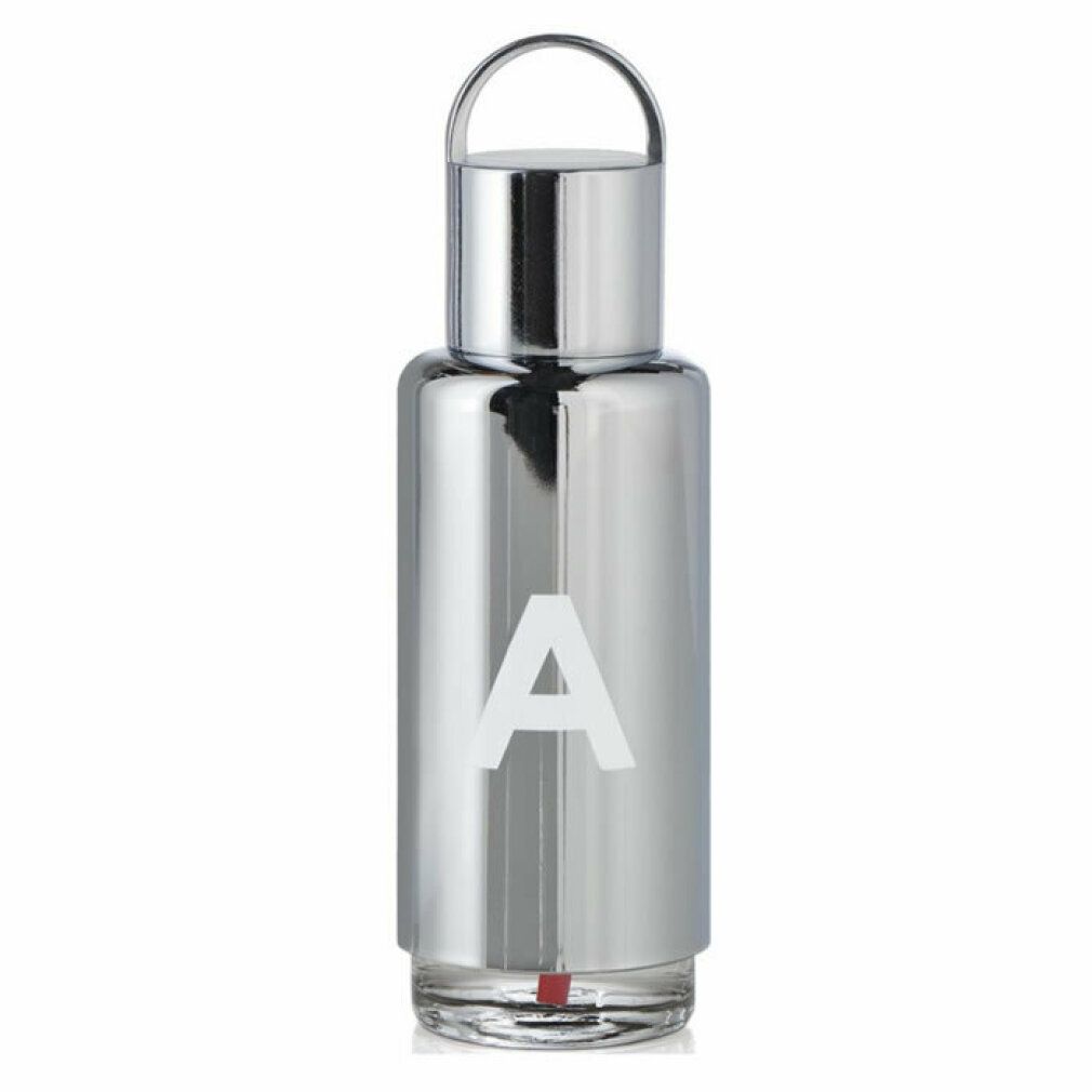 Flacone argentato con "A" bianco. Parte superiore con manico. Fondo trasparente con liquido rosso.