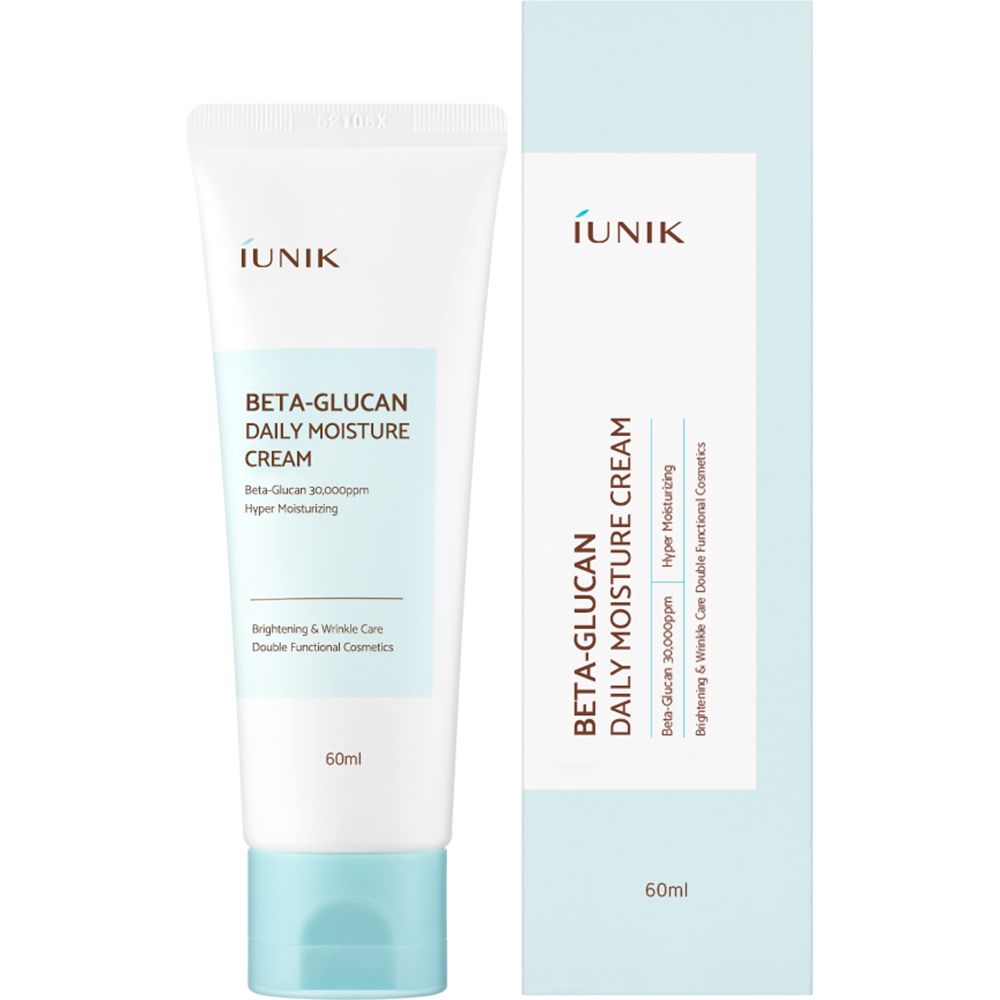 Tubo e scatola crema. Scritta: IUNIK, Beta-Glucan Daily Moisture Cream. 60ml. Colori chiari.