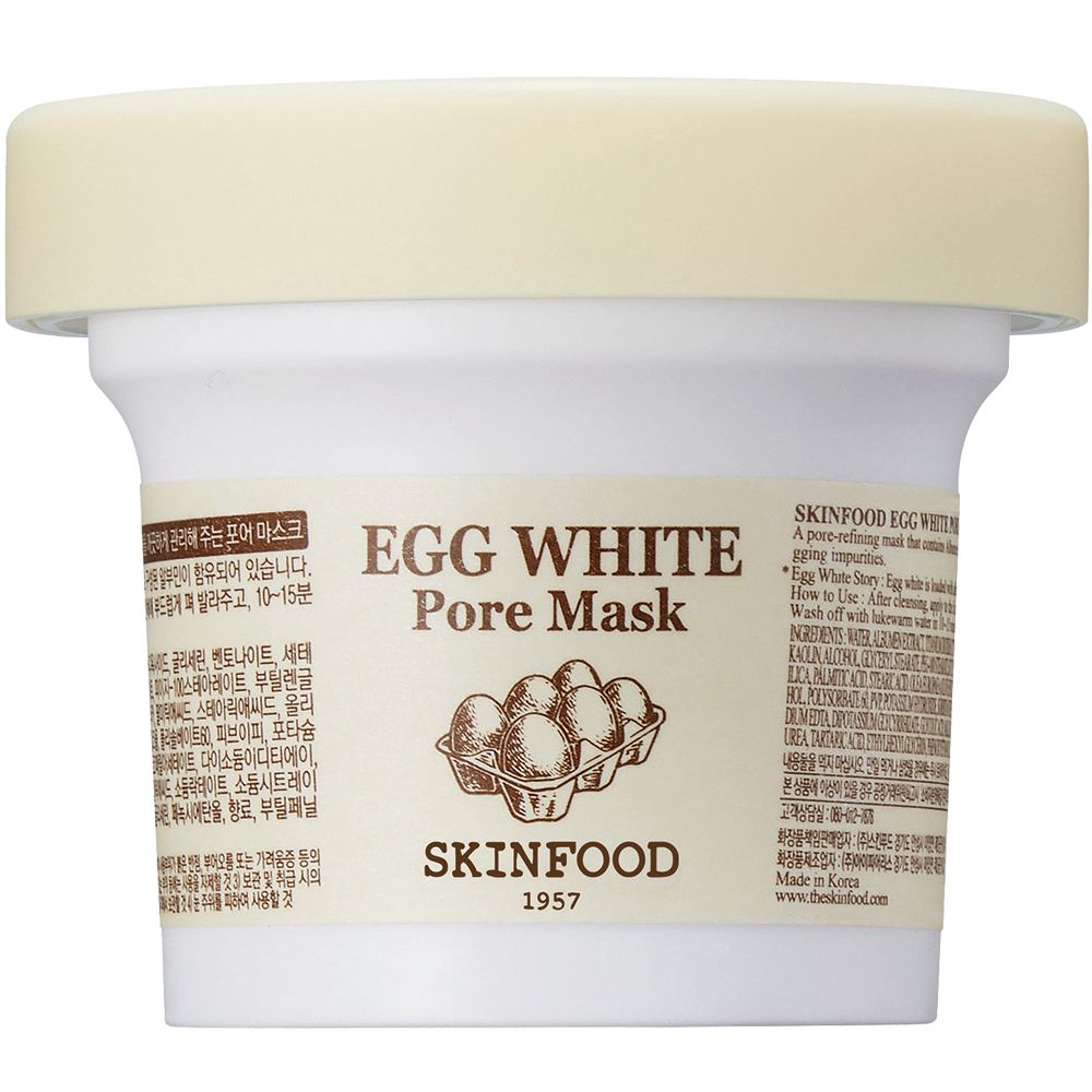 Vasetto bianco con maschera. Scritta: Egg White Pore Mask, Skinfood.