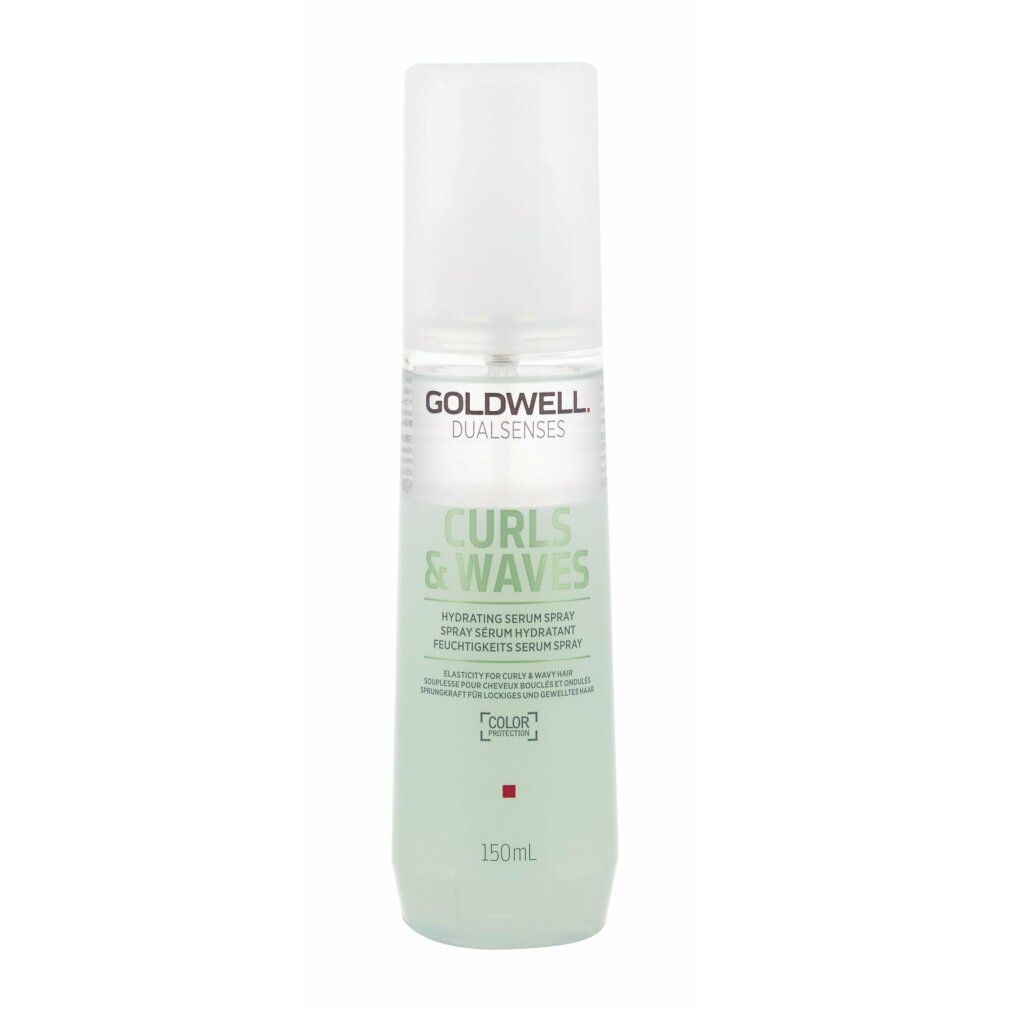 Flacone spray per capelli con tappo bianco. Scritta: Goldwell Dualsenses Curls & Waves. Scrittura verde. 150ml.