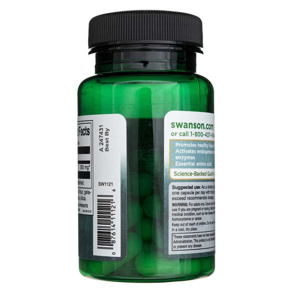 Lato di una bottiglia verde di L-Metionina Swanson, Swanson.com, linee guida per l'uso e informazioni sulla qualità.
