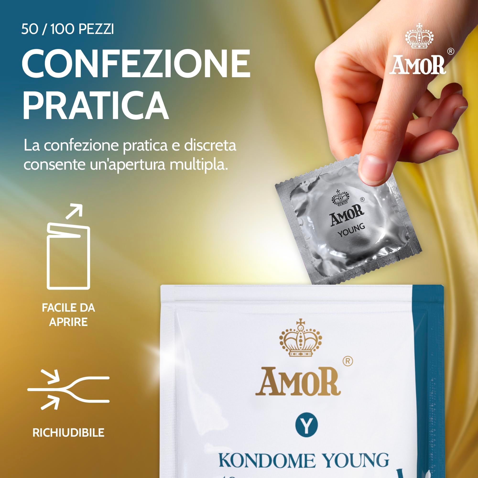 Preservativo Amor Young, 49mm, colore naturale, sottile, 100 pezzi.