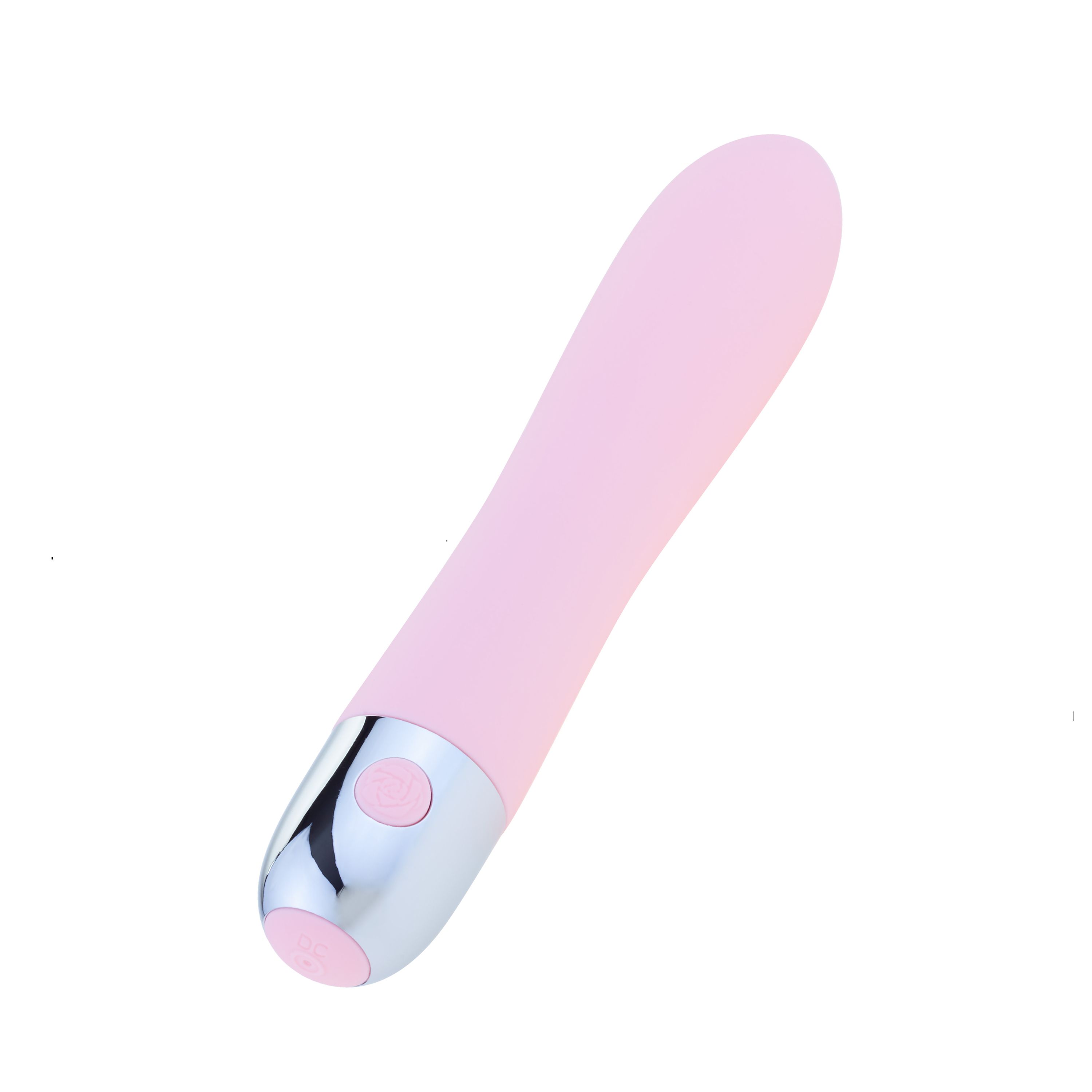 Vibratore rosa con testa arrotondata. Base argentata con bottone.