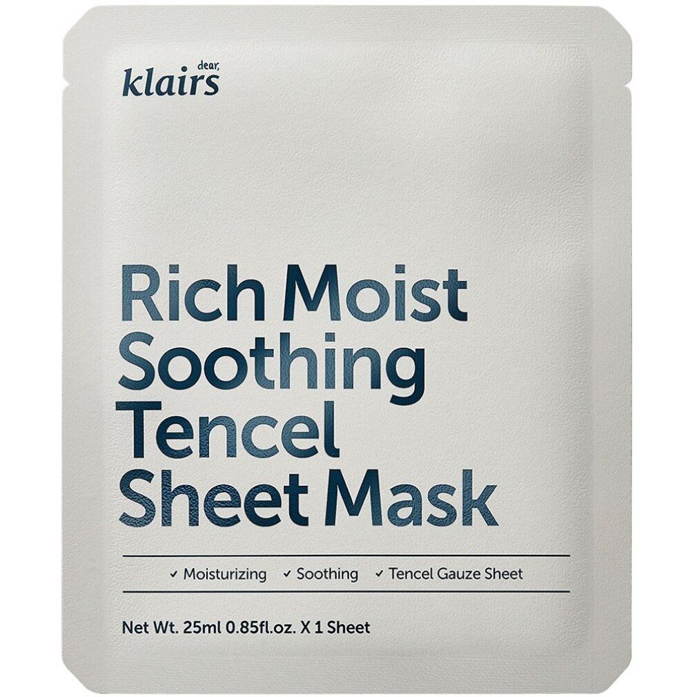 Confezione singola della maschera in tessuto Klairs Rich Moist Soothing Tencel con informazioni sul prodotto.