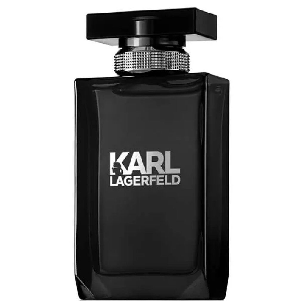 Flacone nero di Karl Lagerfeld Pour Homme Eau De Toilette. Tappo argentato e logo del marchio.