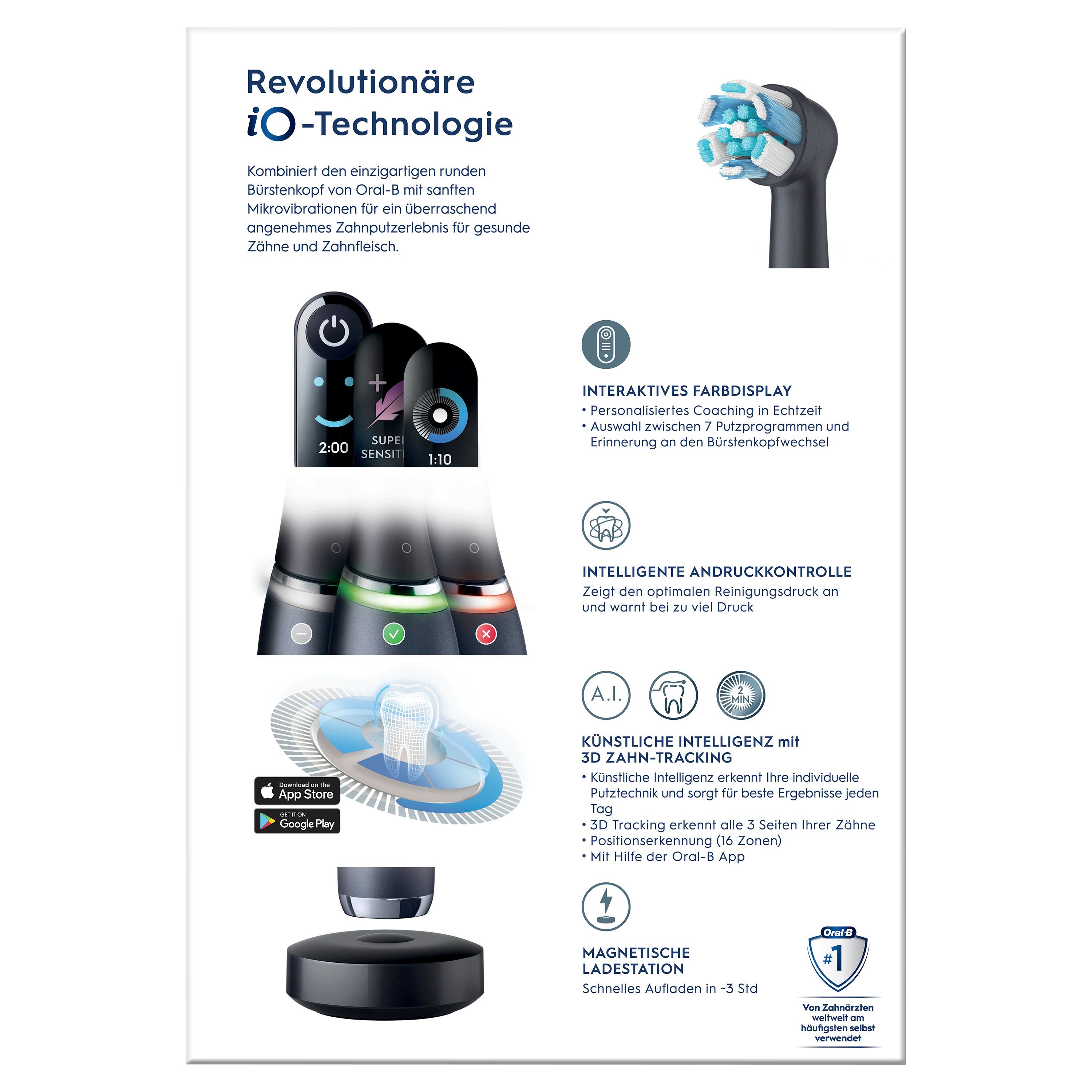 Infografica con caratteristiche del prodotto: tecnologia iO, display a colori, controllo pressione, IA, stazione di ricarica. Testo in tedesco.